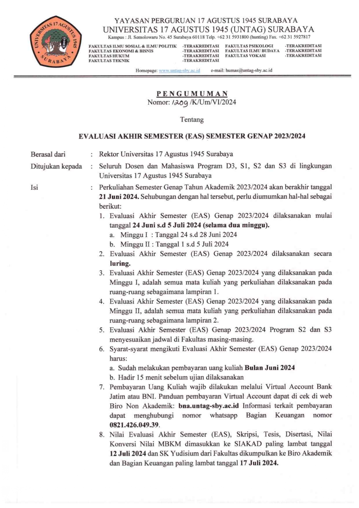 PENGUMUMAN PELAKSANAAN EAS TAHUN AJARAN GENAP 2023/2024 