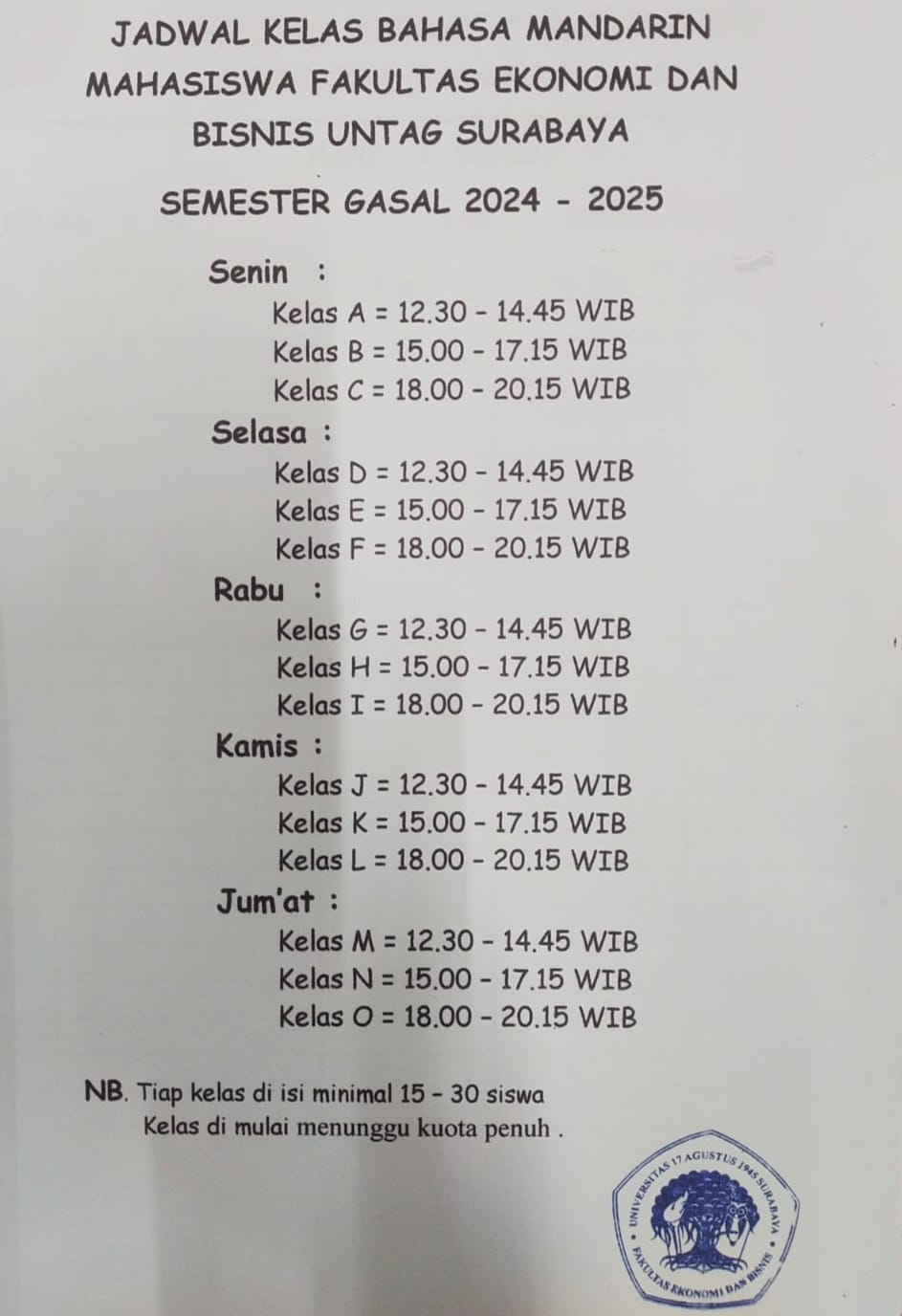 JADWAL KELAS BAHASA MANDARIN MAHASISWA FEB UNTAG SURABAYA SEMESTER GASAL 2024-2025