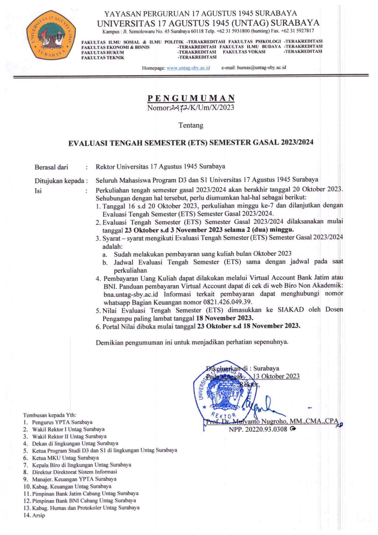 EDARAN: EVALUASI TENGAH SEMESTER (ETS) GASAL 2023-2024 MAHASISWA PROGRAM D3 DAN S1 UNTAG SURABAYA 