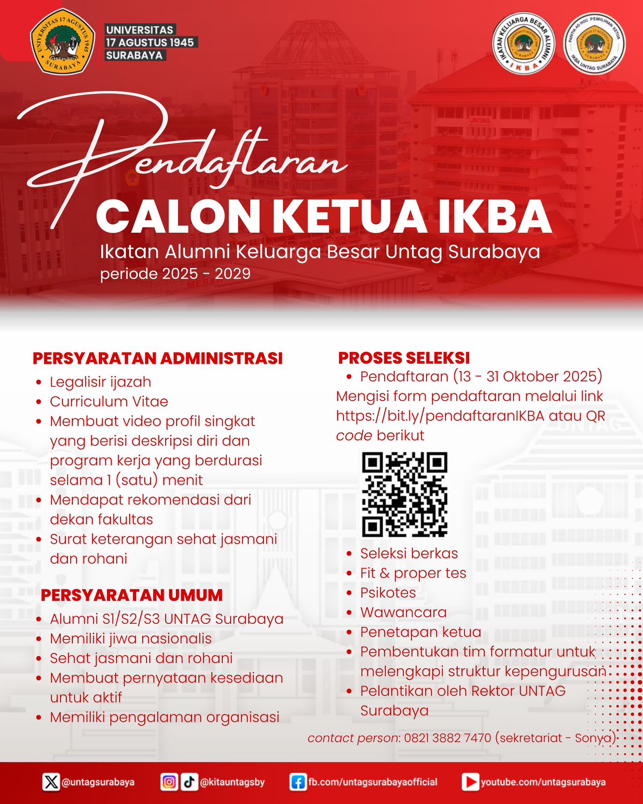 Pendaftaran Calon Ketua Ikatan Alumni Keluarga Besar Untag Surabaya (IKBA) periode 2025�2029 resmi dibuka!