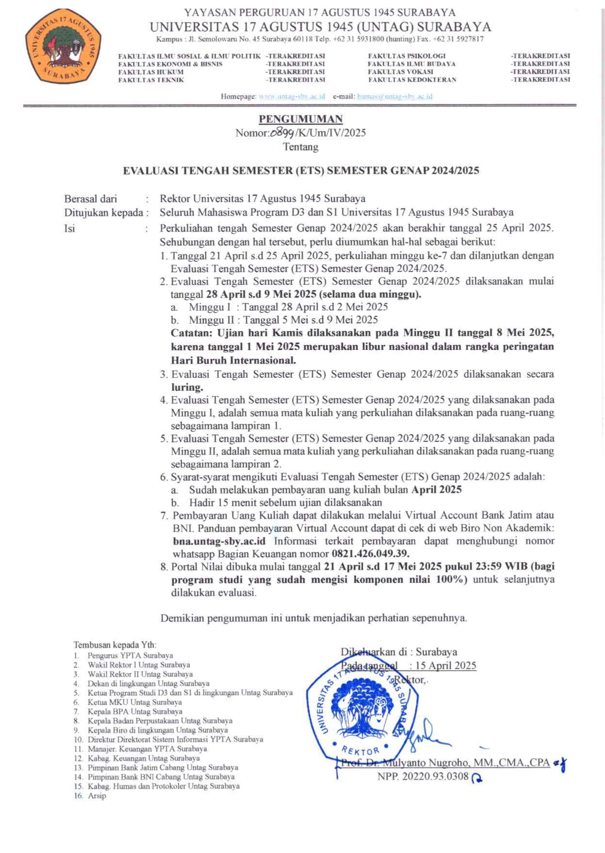 PENGUMUMAN EVALUASI TENGAH SEMESTER : SEMESTER GENAP 2024-2025