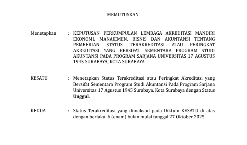 Perpanjangan Akreditasi Sementara berstatus: Unggul