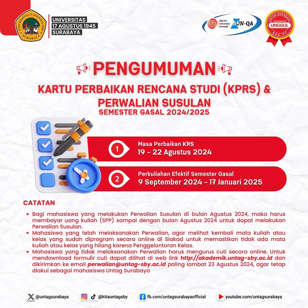 PENGUMUMAN : KPRS DAN PERKULIAHAN EFEKTIF SEMESTER GASAL 2024/2025 