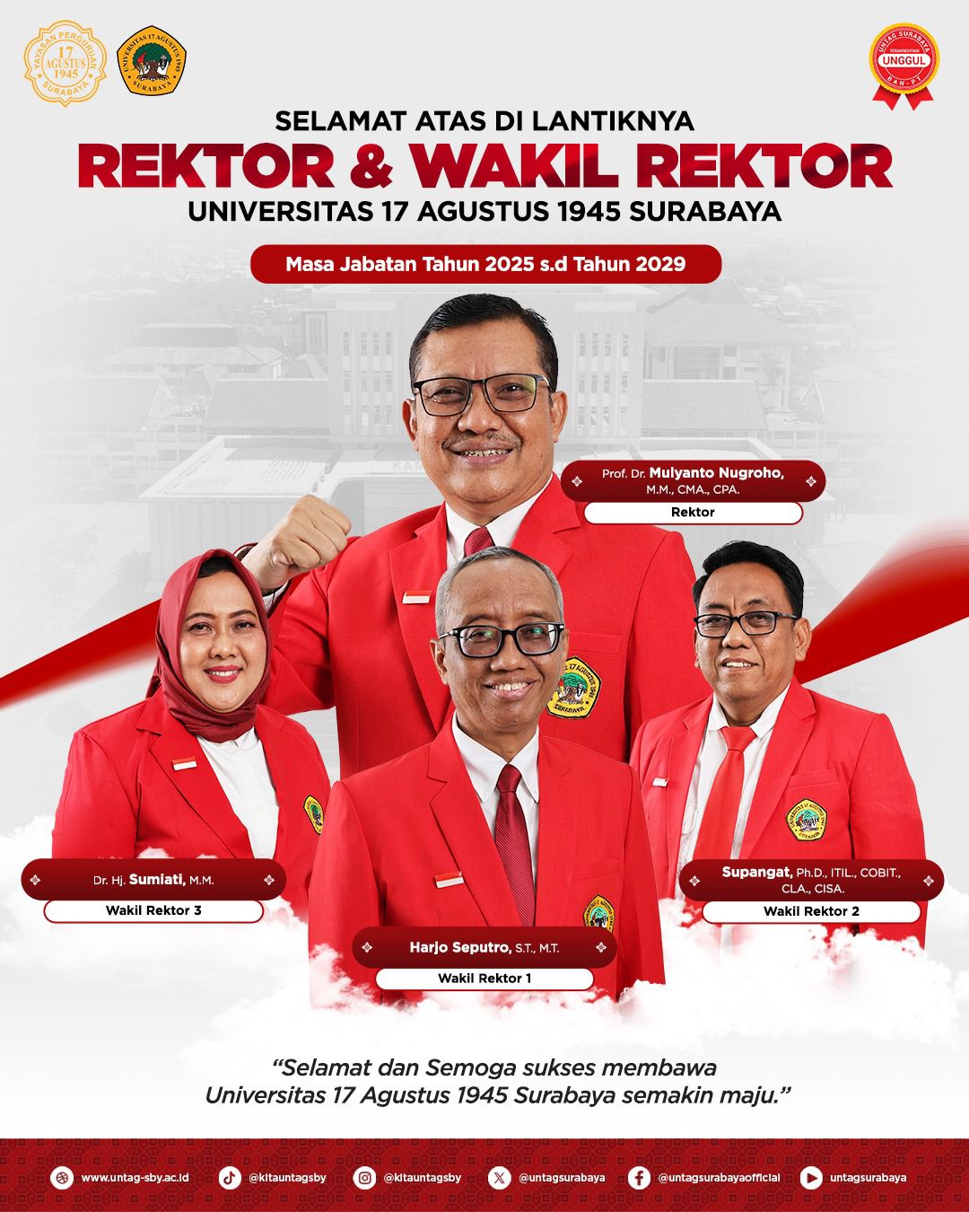 Selamat dan sukses atas dilantiknya Rektor dan Wakil Rektor Untag Surabaya