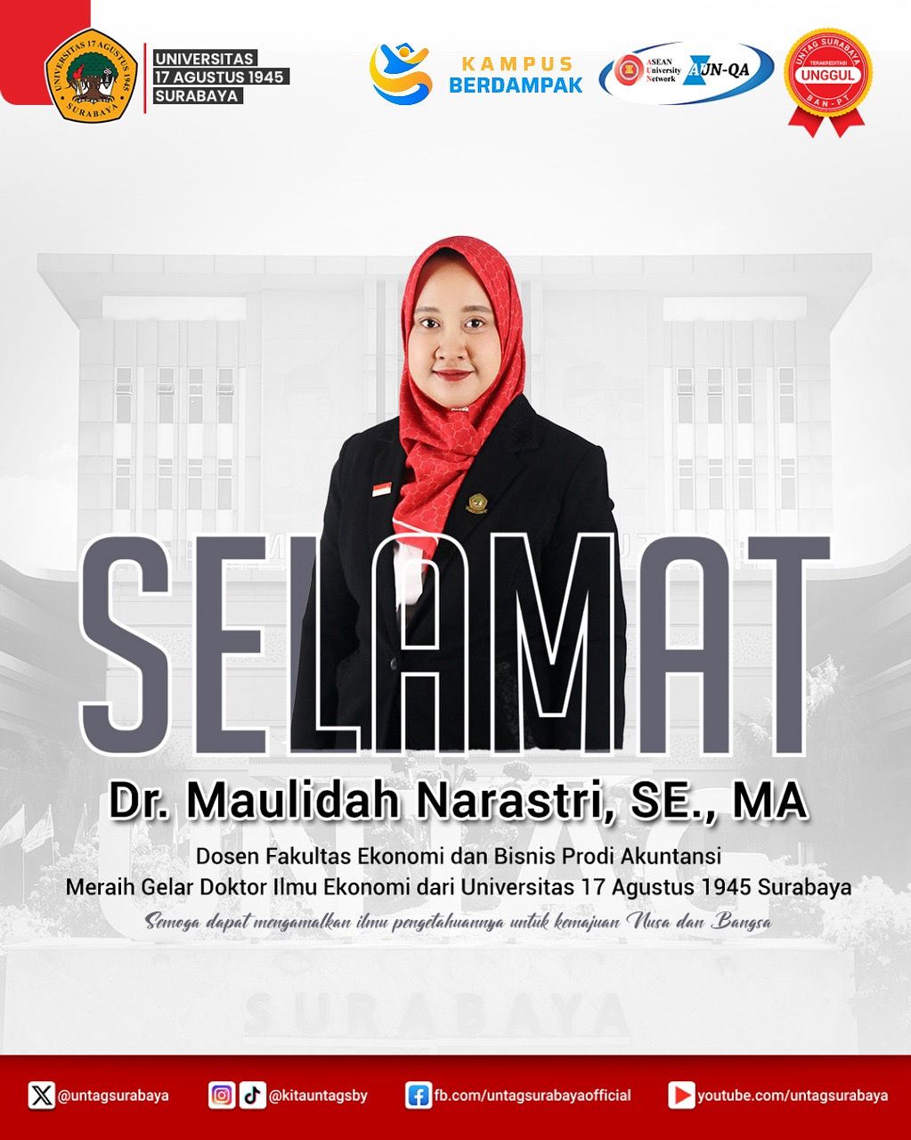 Dosen Fakultas Ekonomi dan Bisnis Untag Surabaya resmi menyandang gelar Doktor Ilmu Ekonomi dari Untag Surabaya