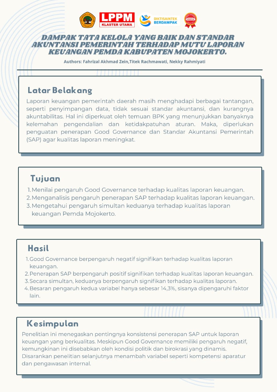 POSTER: DAMPAK TATA KELOLA YANG BAIK DAN STANDAR AKUNTANSI PEMERINTAH TERHADAP MUTU LAPORAN KEUANGAN PEMDA KAB. MOJOKERTO