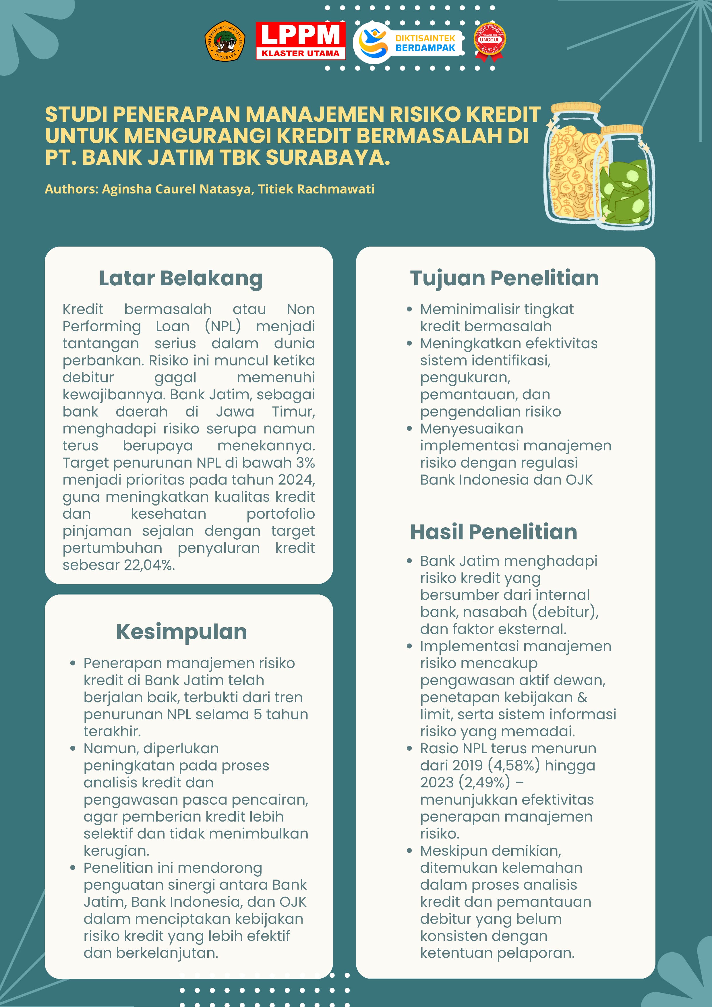 STUDI PENERAPAN MANAJEMEN RESIKO KREDIT UNTUK MENGURANGI KREDIT BERMASALAH DI PT. BANK JATIM TBK SURABAYA