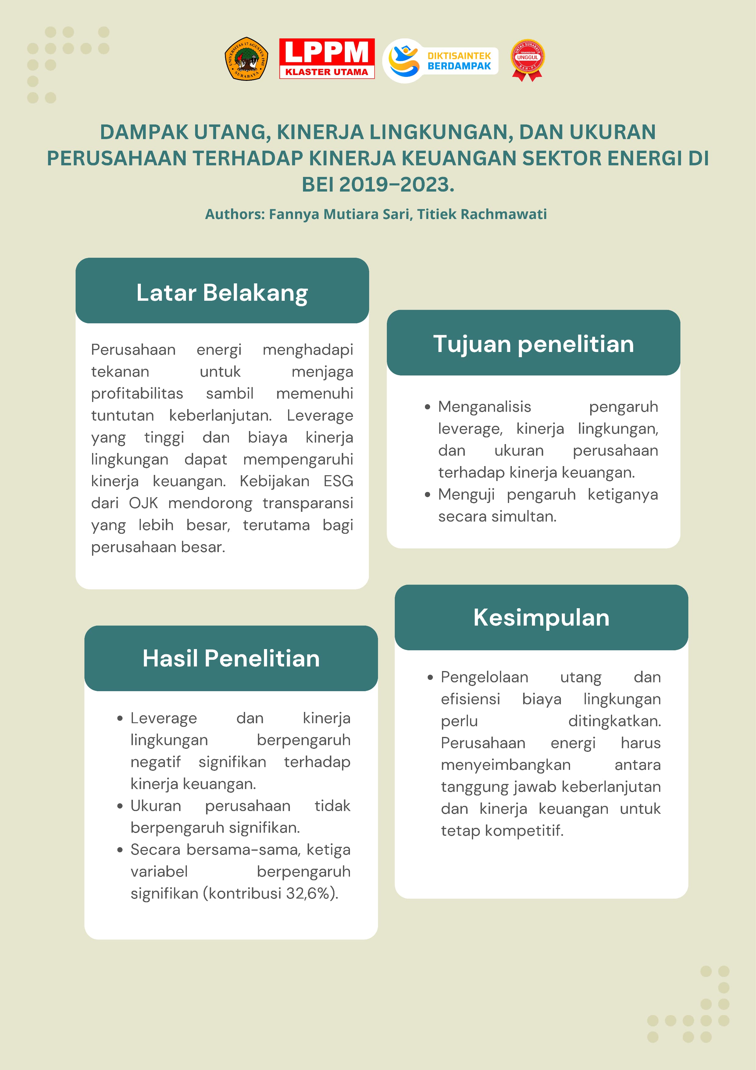 DAMPAK UTANG, KINERJA LINGKUNGAN, DAN UKURAN PERUSAHAAN TERHADAP KINERJA KEUANGAN SEKTOR ENERGI DI BEI 2019-2023