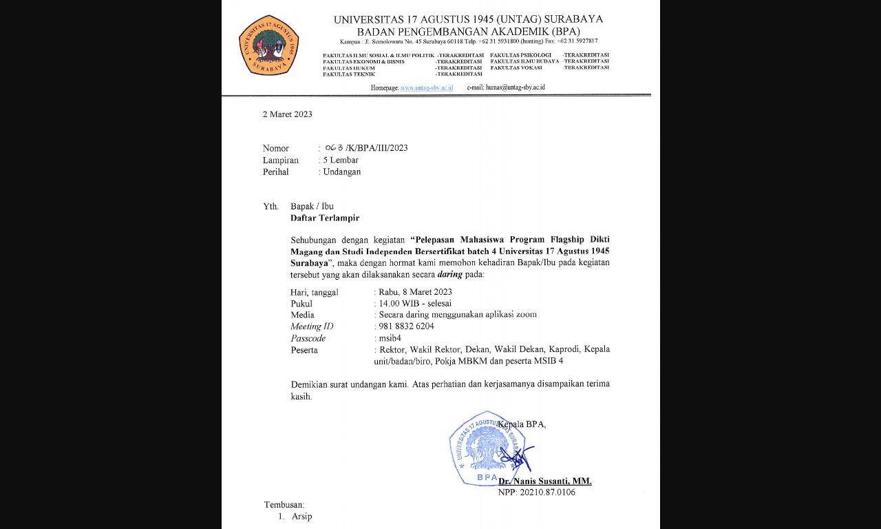 Undangan Pelepasan Mahasiswa Program Flagship Dikti MSIB Batch 4 Untag Surabaya 